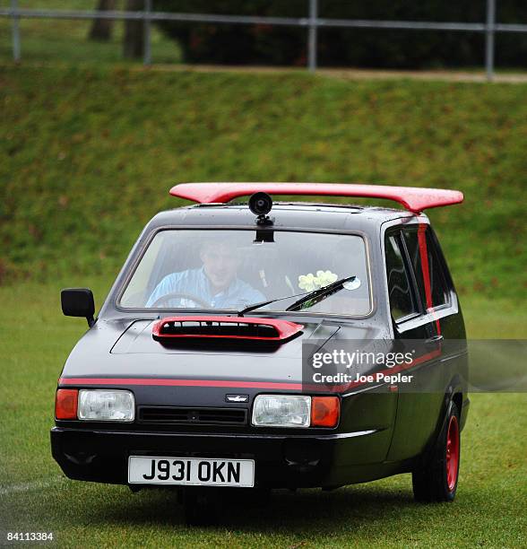 Pompey midfielder Sean Davis gives his team-mates a Christmas surprise at training on December 23, 2008 in Eastleigh, United Kingdom. Davis drove...