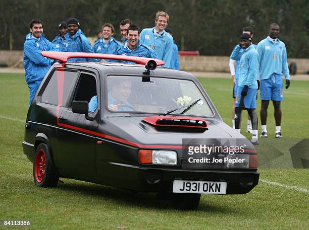 Pompey midfielder Sean Davis gives his team-mates a Christmas surprise at training on December 23, 2008 in Eastleigh, United Kingdom. Davis drove...