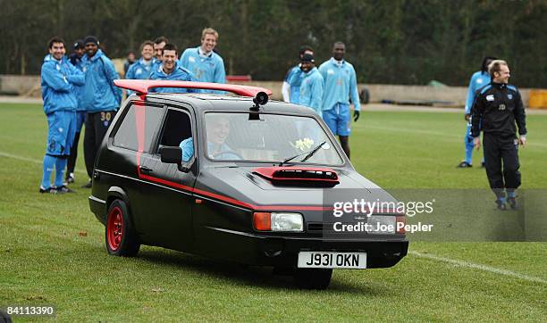 Pompey midfielder Sean Davis gives his team-mates a Christmas surprise at training on December 23, 2008 in Eastleigh, United Kingdom. Davis drove...