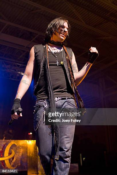 Lead vocalist Austin Winkler of the rock band Hinder performs in the Jagermeister tour at the Toyota Blue Ribbon Pavilion on December 22, 2008 in...