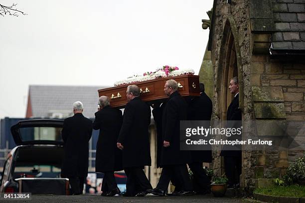 The funeral procession of actress Kathy Staff leaves St Mark's Church, Dukinfield, on December 23, 2008 in Manchester, England. British actress Kathy...