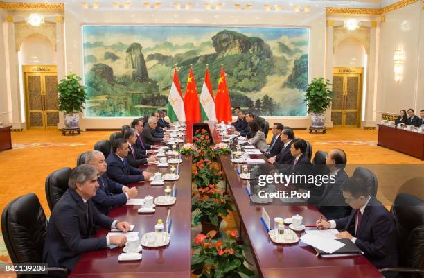 Chinese Premier Li Keqiang and Tajikistan's President Emomali Rahmon during their meeting at the Great Hall of the People in Beijing, China, 31...