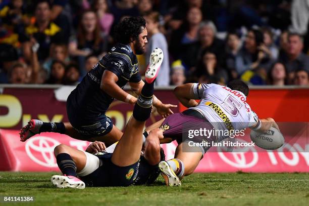 Jordan Kahu of the Broncos scores a try during the round 26 NRL match between the North Queensland Cowboys and the Brisbane Broncos at 1300SMILES...