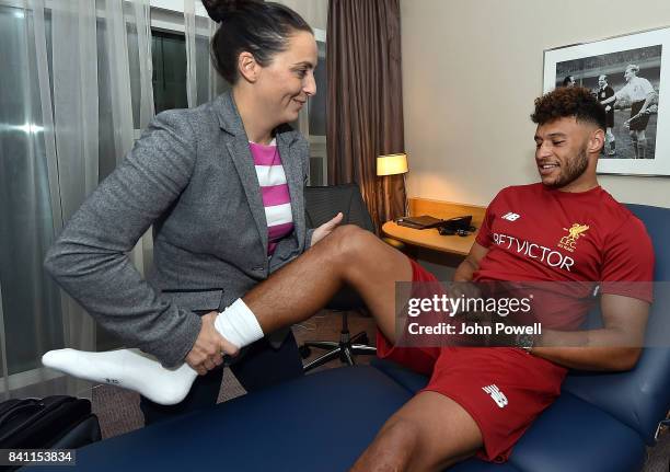 Liverpools New Signing Alex Oxlade-Chamberlain has his medical from Sarah Massey at St Georges Park on August 30, 2017 in Burton-upon-Trent, England.