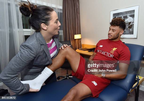Liverpools New Signing Alex Oxlade-Chamberlain has his medical from Sarah Massey at St Georges Park on August 30, 2017 in Burton-upon-Trent, England.