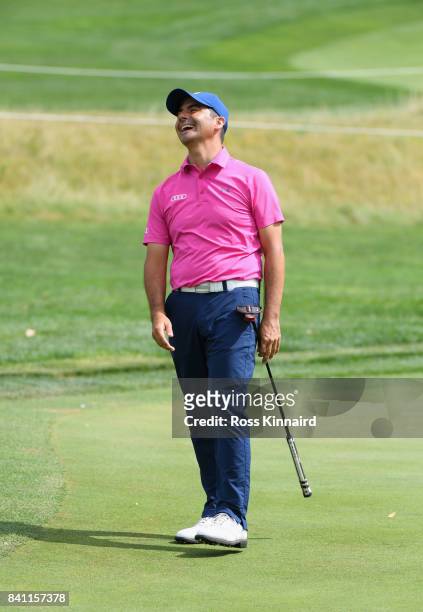 Felipe Aguilar of Chile reacts to a putt on the 7th green during day one of the D+D REAL Czech Masters at Albatross Golf Resort on August 31, 2017 in...