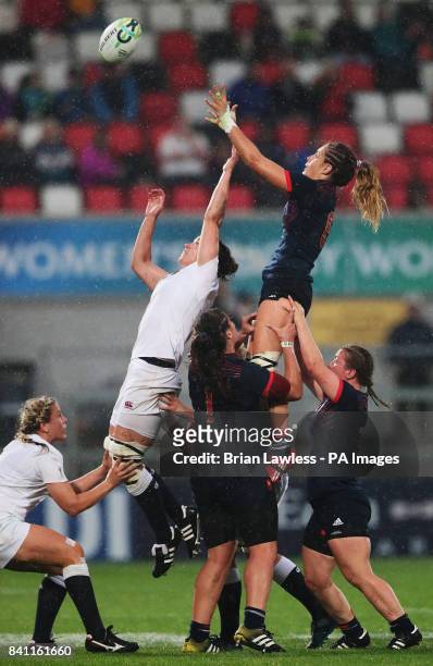 France's Marjorie Mayans and England's Sarah Hunter contest a lineout during the 2017 Women's World Cup, Semi Final match at the Kingspan Stadium,...
