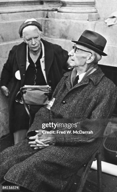 American author, journalist, and social activist Dorothy Day sits with Dutch-born American social and political activist A.J. Muste at an Anti-Draft...