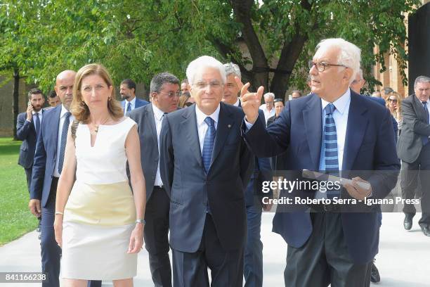 Sergio Mattarella the President of the Italian Republic with his daughter Laura Mattarella and Paolo Baratta President of Biennale visits the Italian...