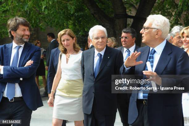 Sergio Mattarella the President of the Italian Republic with his daughter Laura Mattarella and Dario Franceschini Minister for Culture and Paolo...