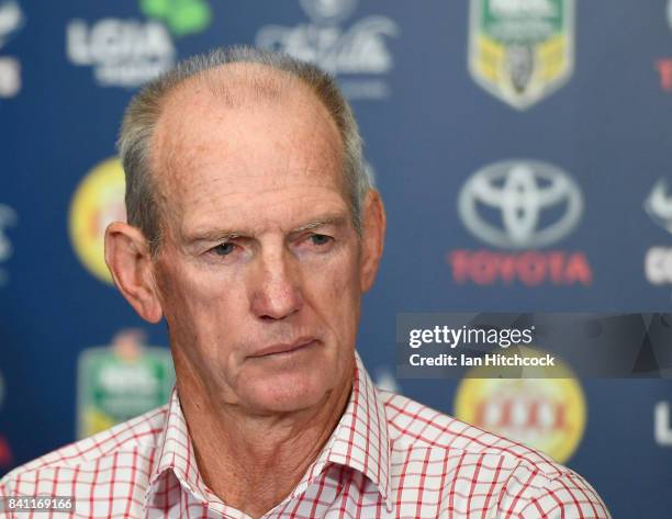 Broncos coach Wayne Bennett looks on at the post match media conference at the end of during the round 26 NRL match between the North Queensland...