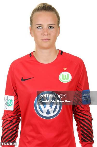 Merle Frohms of VfL Wolfsburg poses during the Allianz Frauen Bundesliga Club Tour at AOK Stadion on August 29, 2017 in Wolfsburg, Germany.