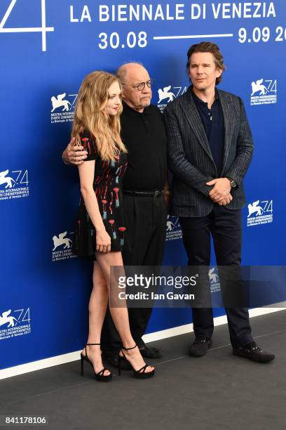 Amanda Seyfried, director Paul Schrader and Ethan Hawke wearing a Jaeger-LeCoultre Master Ultra Thin Moon watch attend the 'First Reformed' photocall...