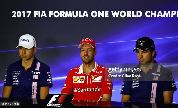 The Drivers Press Conference featuring Esteban Ocon of France and Force India, Sebastian Vettel of Germany and Ferrari and Sergio Perez of Mexico and...