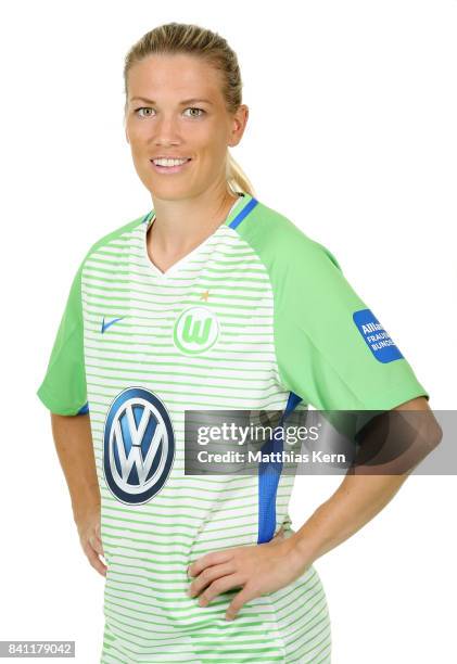 Lara Dickenmann of VfL Wolfsburg poses during the Allianz Frauen Bundesliga Club Tour at AOK Stadion on August 29, 2017 in Wolfsburg, Germany.