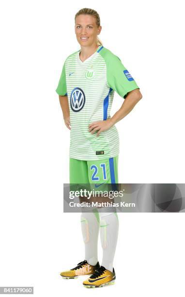 Lara Dickenmann of VfL Wolfsburg poses during the Allianz Frauen Bundesliga Club Tour at AOK Stadion on August 29, 2017 in Wolfsburg, Germany.