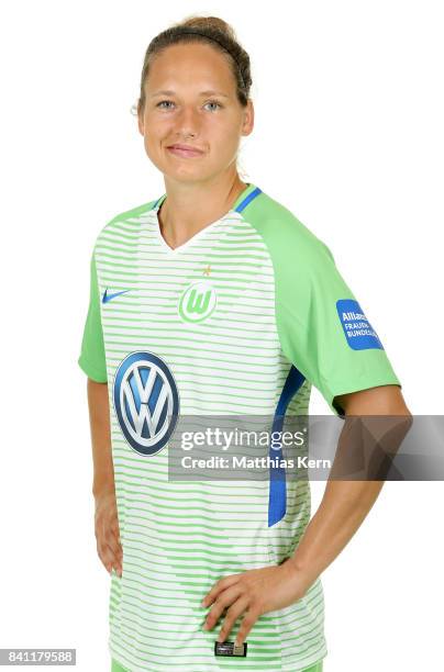 Babett Peter of VfL Wolfsburg poses during the Allianz Frauen Bundesliga Club Tour at AOK Stadion on August 29, 2017 in Wolfsburg, Germany.