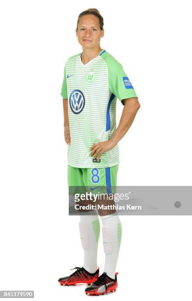 Babett Peter of VfL Wolfsburg poses during the Allianz Frauen Bundesliga Club Tour at AOK Stadion on August 29, 2017 in Wolfsburg, Germany.