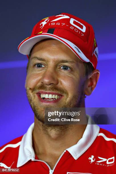 Sebastian Vettel of Germany and Ferrari talks in the Drivers Press Conference during previews for the Formula One Grand Prix of Italy at Autodromo di...