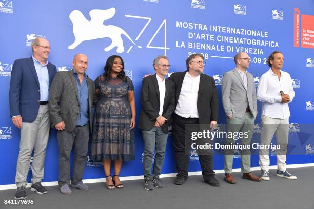 Richard Jenkins, Sally Hawkins, Matthew Greenfield, Octavia Spencer, Dan Laustsen, Guillermo del Toro, J. Miles Dale and Alexandre Desplat attend the...