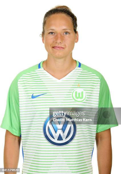 Babett Peter of VfL Wolfsburg poses during the Allianz Frauen Bundesliga Club Tour at AOK Stadion on August 29, 2017 in Wolfsburg, Germany.