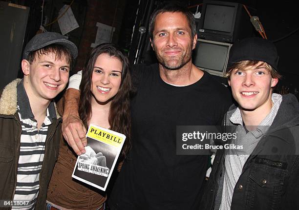 Gerard Canonico, Alexandra Socha, Rob Estes and Hunter Parrish pose backstage at "Spring Awakening" on Broadway at The Eugene O'Neill Theatre on...