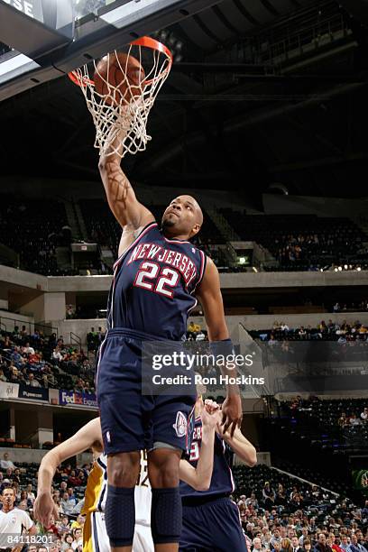 Jarvis Hayes of the New Jersey Nets jams on the Indiana Pacers at Conseco Fieldhouse December 23, 2008 in Indianapolis, Indiana. NOTE TO USER: User...