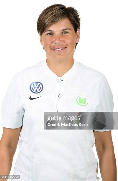 Assistant coach Ariane Hingst of VfL Wolfsburg poses during the Allianz Frauen Bundesliga Club Tour at AOK Stadion on August 29, 2017 in Wolfsburg,...
