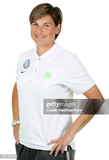 Assistant coach Ariane Hingst of VfL Wolfsburg poses during the Allianz Frauen Bundesliga Club Tour at AOK Stadion on August 29, 2017 in Wolfsburg,...