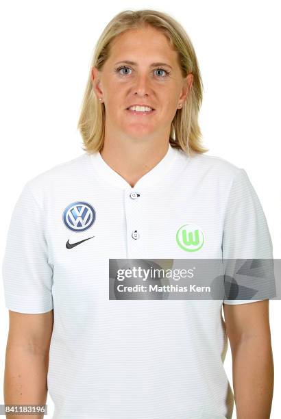 Assistant coach Britta Carlson of VfL Wolfsburg poses during the Allianz Frauen Bundesliga Club Tour at AOK Stadion on August 29, 2017 in Wolfsburg,...