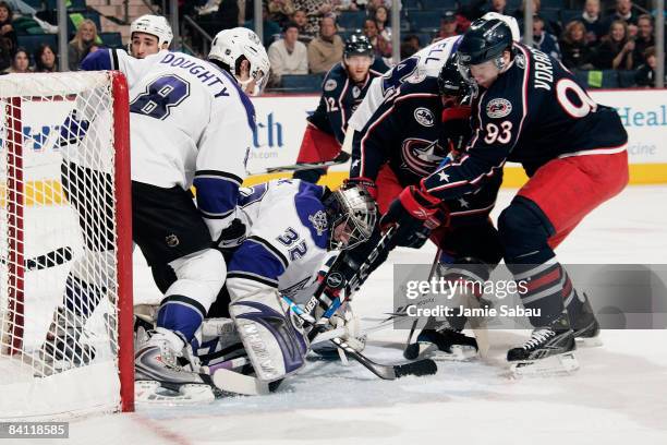 Goaltender Jonathan Quick of the Los Angeles Kings makes one of his 24 saves during a 3-0 shutout of the Columbus Blue Jackets at Nationwide Arena...