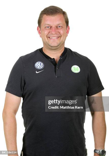 Team staff Joerg Schmidt of VfL Wolfsburg poses during the Allianz Frauen Bundesliga Club Tour at AOK Stadion on August 29, 2017 in Wolfsburg,...