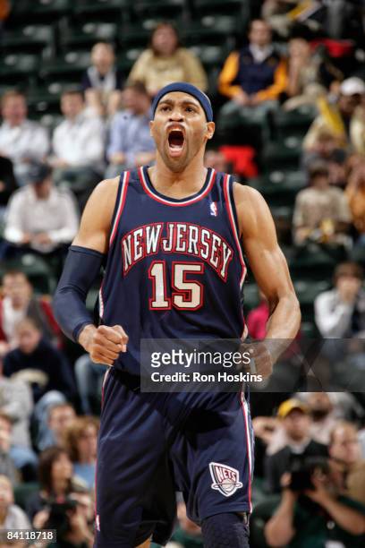 Vince Carter of the New Jersey Nets reacts after the Nets went ahead of the Indiana Pacers at Conseco Fieldhouse December 23, 2008 in Indianapolis,...