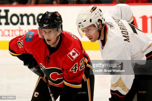 Brett Sutter of the Calgary Flames skates in his first NHL game against the Anaheim Ducks on December 23, 2008 at Pengrowth Saddledome in Calgary,...
