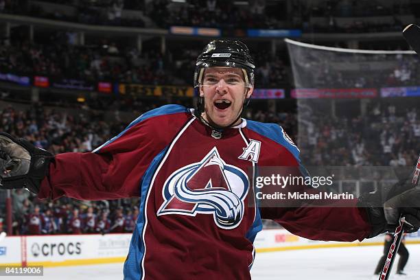 Paul Stastny of the Colorado Avalanche celebrates a goal against the Phoenix Coyotes at the Pepsi Center on December 23, 2008 in Denver, Colorado....