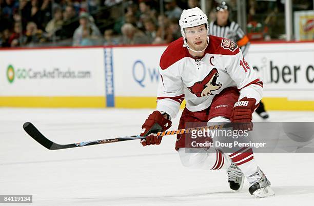 Shane Doan of the Phoenix Coyotes skates against the Colorado Avalanche during NHL action at the Pepsi Center on December 23, 2008 in Denver,...
