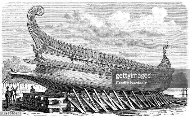 trireme, an ancient galley by phoenicians, greeks and romans - greek roman civilization stock illustrations