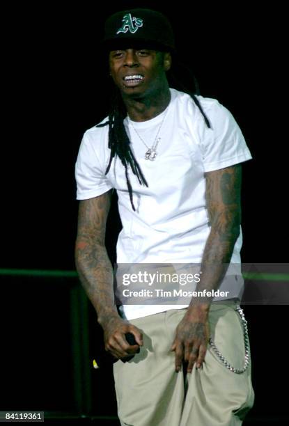 Dwayne Michael Carter, Jr. Aka Lil' Wayne performs in support of his Tha Carter III release at the ORACLE Arena on December 23, 2008 in Oakland,...