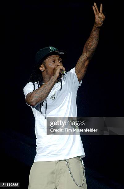 Dwayne Michael Carter, Jr. Aka Lil' Wayne performs in support of his Tha Carter III release at the ORACLE Arena on December 23, 2008 in Oakland,...