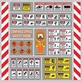 Set of safety signs and symbols of confined space, Signs and symbols for use as safety warning and regulation at confined space area, Rope buddy system