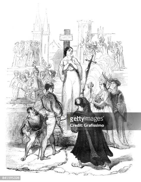 ilustraciones, imágenes clip art, dibujos animados e iconos de stock de ejecución de juana de arco o jeanne d'arc en francia se quemó en la hoguera 1431 - cremacion