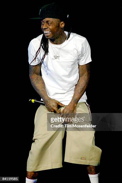 Dwayne Michael Carter, Jr. Aka Lil' Wayne performs in support of his Tha Carter III release at the ORACLE Arena on December 23, 2008 in Oakland,...