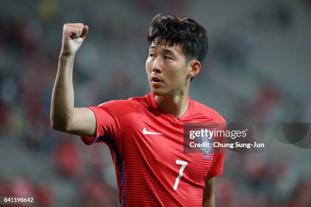 Son Heung Min of South Korea applauds supporters after the scoreless draw in the FIFA World Cup Russia Asian qualifier match between South Korea and...