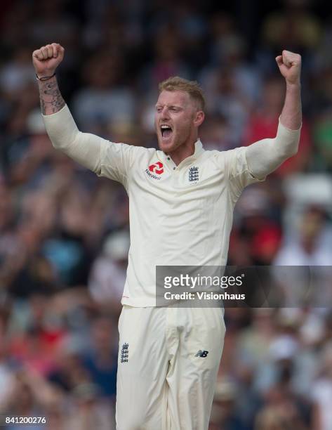 Ben Stokes of England celebrates the wicket of Shannon Gabriel during the third day of the second test between England and West Indies at Headingley...