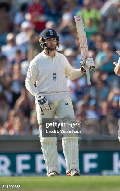 Mark Stoneman of England acknowledges the crowd after hitting fifty during the third day of the second test between England and West Indies at...