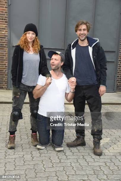 Marleen Lohse, director Erik Schmitt and Jeremy Mockridge during the set visit of the movie 'Story of Berlin' on August 31, 2017 in Berlin, Germany.