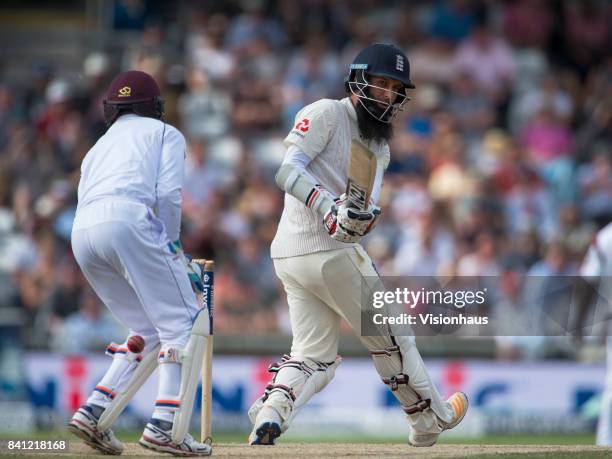 Moeen Ali of England batting during the fourth day of the second test between England and West Indies at Headingley on August 28, 2017 in Leeds,...