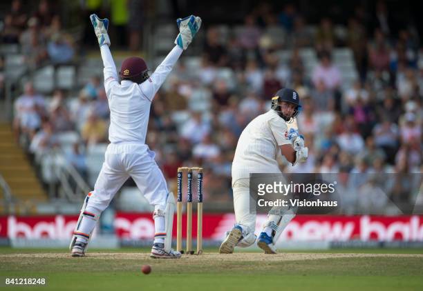 Stuart Broad of England batting during the fourth day of the second test between England and West Indies at Headingley on August 28, 2017 in Leeds,...
