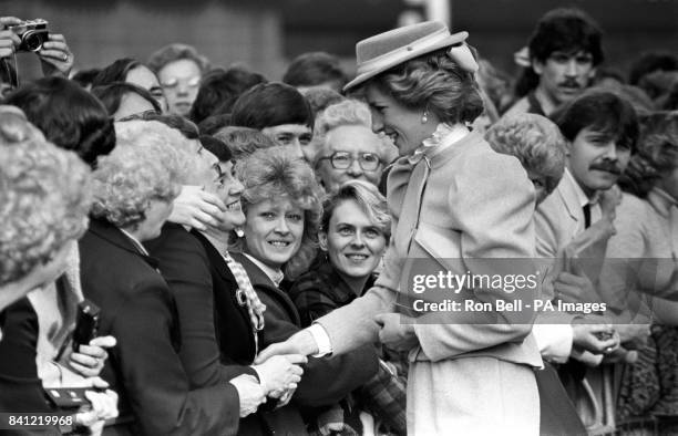 Diana, Princess of Wales, goes on a walkabout during her surprise visit to Ulster, Northern Ireland, which is her first to the Province.