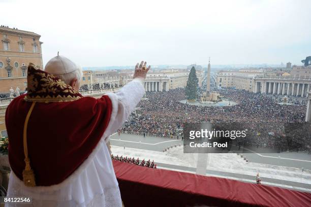 Pope Benedict XVI delivers his Christmas Urbi Et Orbi blessing from the central balcony of St Peter's Basilica on December 25, 2008 in the Vatican...
